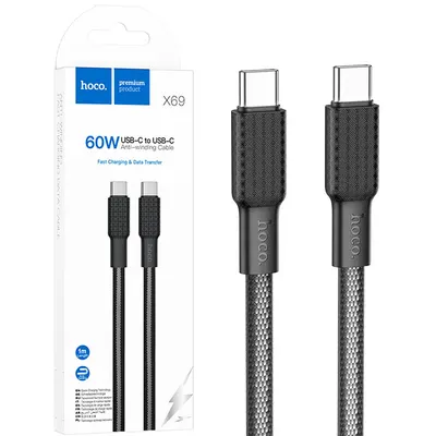 Cablu Hoco X69, Type-C la Type-C, 1m, Compatibil iPhone 15/16 si Android, Putere 60W, Transfer Date, Negru-Gri Engros