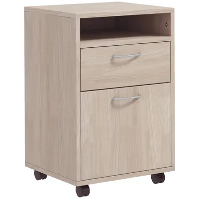 HOMCOM Dulap de Birou cu 4 Roți, Raft Deschis, 2 Sertare, Mobilier de Birou din Lemn și Metal, 40x35x60 cm, Lemn Natural | Aosom Romania