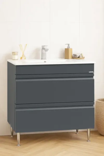 Set Baza front MDF si Lavoar seria 086, cu sertare, montat, 80 cm, antracit
