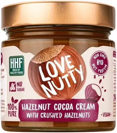 Cremă de alune de pădure cu cacao și alune de pădure zdrobite, 240 g, Love Nutty