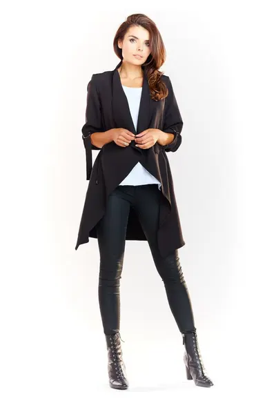 Sacou Elegant Lejera De Dama - Bleumarin - Design In Stil Redingota Fara Inchidere - Material Calitativ Din Poliester Si Elastan - Maneci Lungi Cu Aplicatii Metalice - Clape Mari In Fata - Croiala Confortabila - Casual Lux - Albastru inchis