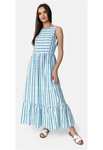 Rochie lunga din bumbac cu dungi - fara maneci - partea de jos cu volane - fermoar - G-Elene - albastru - Albastru multicolor