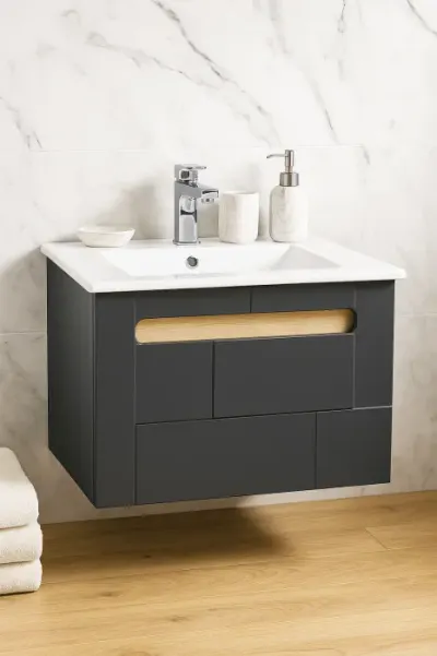 Set Baza front MDF si Lavoar seria 032, suspendata, cu sertar, montat, 60 cm, antracit + sonoma