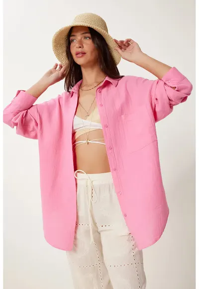 Camasa dama - Happiness Istanbul - camasa oversized - bumbac 100% - roz pudra - maneca lunga - buzunar