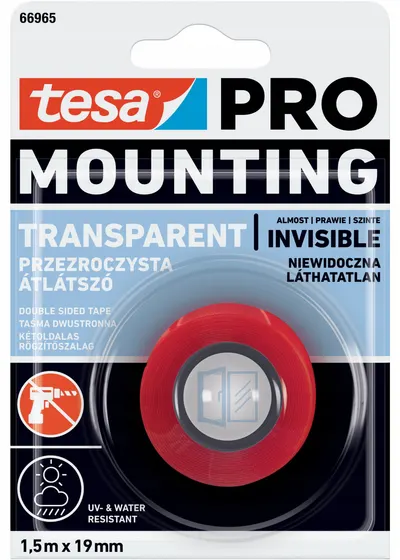 Bandă dublu adezivă Tesa - Pro Mounting, UV sustenabil, 1.5 m x 19 m, rosie