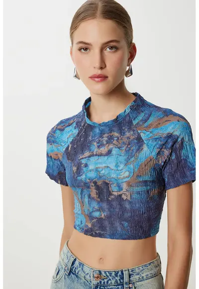 Tricou dama - Happiness Istanbul - scurt - mulat - imprimeu abstract - albastru marin - elastic - poliester-elastan