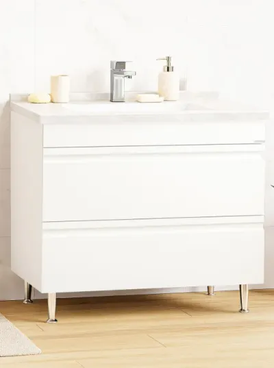 Set Baza front MDF si Lavoar seria 886, cu sertare, montat, 100 cm, alb