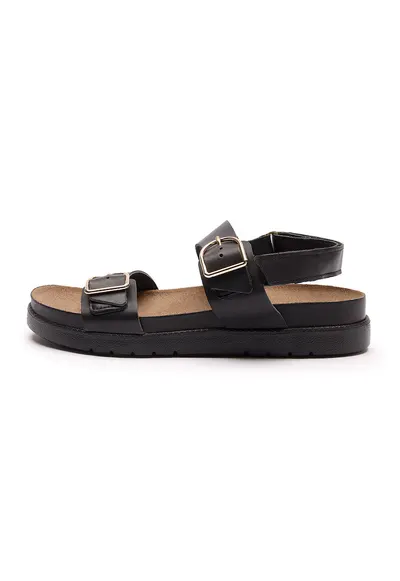 Sandale de piele cu talpa plata si velcro Grace - Negru