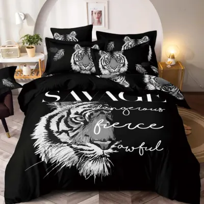 Lenjerie pat dublu, FINET, Imprimeu Digital - Identic cu poza, 6 piese, Jojo Home, Negru-Gri, tigru