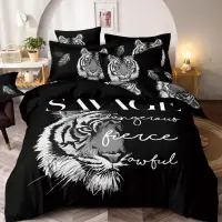 Lenjerie pat dublu, FINET, Imprimeu Digital - Identic cu poza, 6 piese, Jojo Home, Negru-Gri, tigru