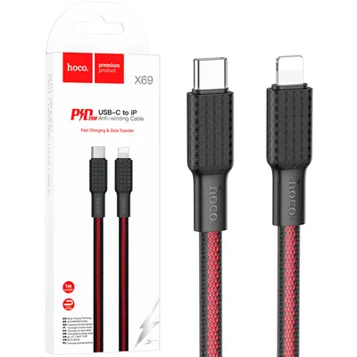 Cablu Hoco X69, Type-C la Lightning, 1m, Compatibil iPhone, Putere 20W, Transfer Date, Negru-Rosu Engros