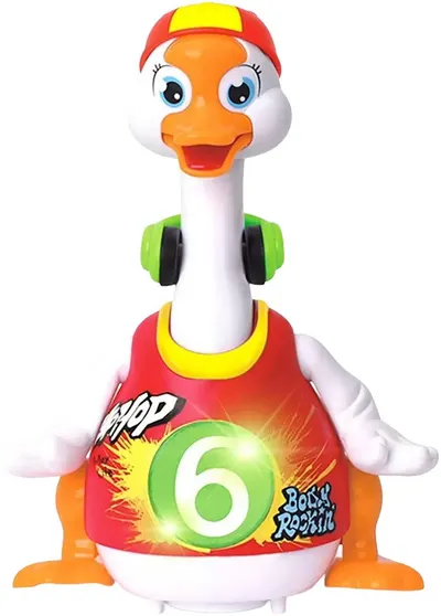 Jucărie interactivă Hola Toys - Rață dansatoare, cu o pălărie roșu-galbenă
