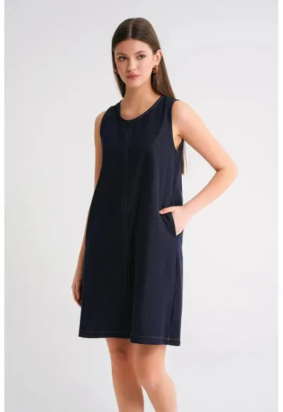Rochie midi - bumbac - albastru marin - cu guler rotund - cu buzunare
