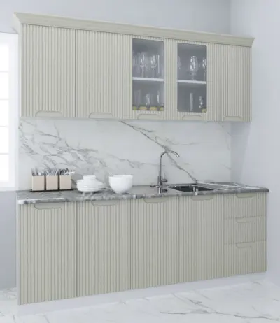 Set bucatarie SPACE 200 cm, 6 corpuri, cu sertare, blat termorezistent, fronturi MDF, crem