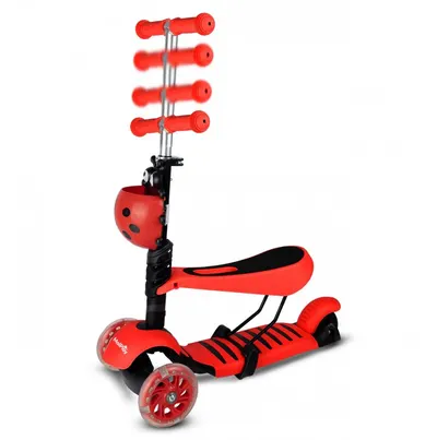 Trotineta pentru copii, Malplay, pliabila, scaunel detasabil, roti PU cu Led, punte antiderapanta si frana de picior, cu scaunel si ghidon reglabil pe inaltime, manere ergonomice, cosulet incorporat, Red LadyBug