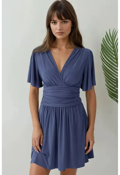 Rochie mini - maneca scurta - decolteu in V - jerseu - Albastru - Albastru