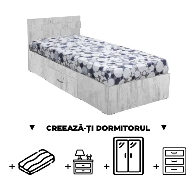 Creeaza-ti Dormitorul ALMA, pin antichizat, de la Pat cu sertar Alma 120x200 cm, adauga Saltea, Noptiere, Comoda, Dulap