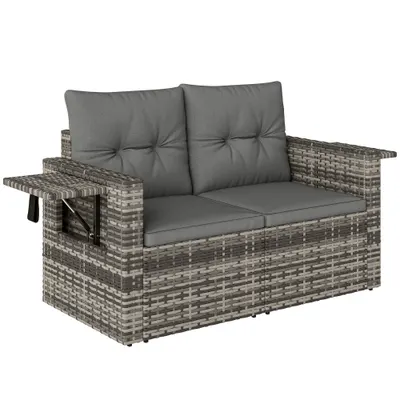 Outsunny Canapea ratan 2 locuri cu perne pliabilă tăvi laterale lounge set șezut Gri deschis | Aosom Romania