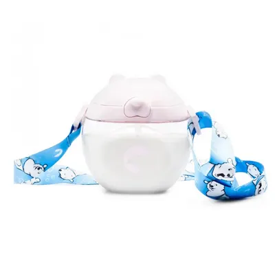 Sticluta de apa din tritan pentru copii, Kidnort Bear, sterilizabila, pai moale din silicon cu bila gravitationala, prevazuta cu snur reglabil, capacitate 300 ml, Pink
