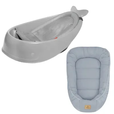 Set Cadita inteligenta, Skip Hop, Pentru 3 etape de crestere, Gri si cosulet bebelus, Qmini, 55 x 75 cm, Husa 100% muselina dubla, Jeans