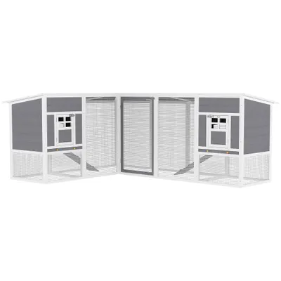 PawHut Cotet pentru găini casă din lemn în formă de L cu 2 case, 2 niveluri, zonă de alergare, rampă, 251 x 192 x 103 cm Gri | Aosom Romania