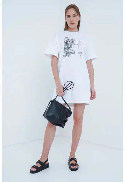 Rochie-tricou cu imprimeu grafic - Alb optic