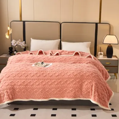 Patura Premium, 200x230cm, CoCoLiNo, Grofata, cu Model 3D Tip Tricotaj si Bordura din Blanita Contrastanta – Eleganta si Caldura Absoluta, Somon