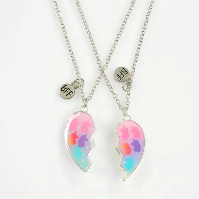 Set 2 coliere argintii cu unicorni Best Friends Set 2 coliere Best Friends inima cu unicorni