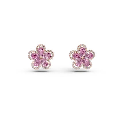 Cercei floare din aur roz cu turmaline roz pear de 2.1ct si diamante de 0.29ct