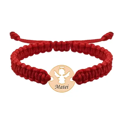Angel - Bratara personalizata snur impletit banut cu ingeras si nume gravat din argint 925 placat cu aur roz