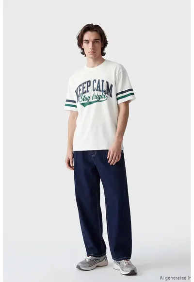 Tricou de bumbac cu imprimeu text - Alb/Verde englez/Bleumarin