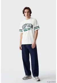 Tricou de bumbac cu imprimeu text - Alb/Verde englez/Bleumarin
