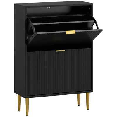 HOMCOM Dulap pentru pantofi 12 perechi cu 2 sertare rabatabile, uși canelate și rafturi reglabile, 60x24x91,5cm, negru | Aosom Romania
