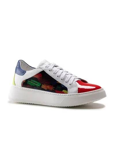 Pantofi sport de piele cu model colorblock - Rosu/Alb/Verde