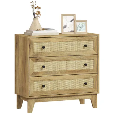 HOMCOM Comoda cu 3 Sertare Comoda de Lemn cu Frontale din Ratan Stil Cannage pentru Dormitor 80x35x76 cm Natural | Aosom Romania