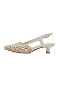 Pantofi slingback cu toc si aspect crosetat - Alb/Maro nisip