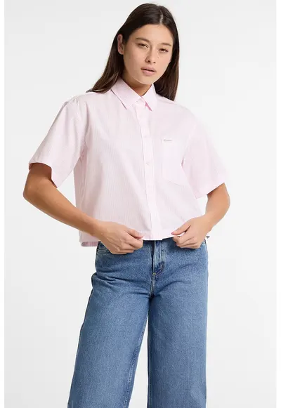 Camasa crop lejera cu dungi - Alb/Roz pal