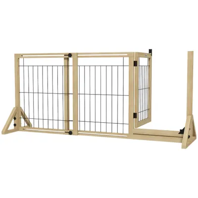 PawHut Gard Extensibil pentru Câini, Gard de Siguranță pentru Animale cu Ușă și 2 Panouri, Picioare Triangulare, 112-159x70 cm, Lemn Natural | Aosom Romania