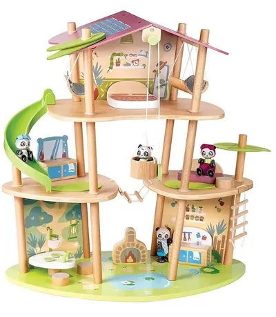 Set din lemn Hape - Casa de bambus a urșilor panda, 25 de piese