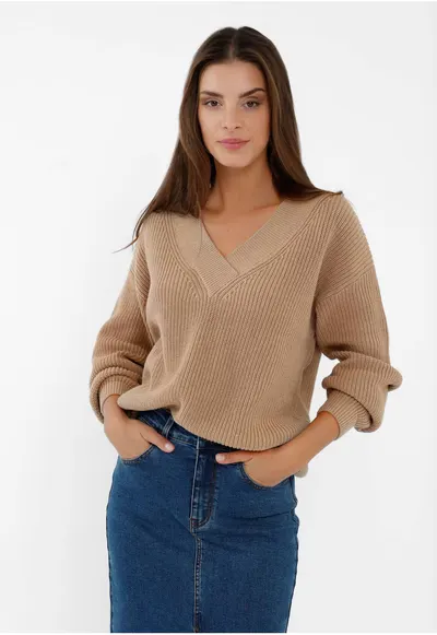 Pulover Dama cu decolteu in V - Lejer - Camel - Maro camel