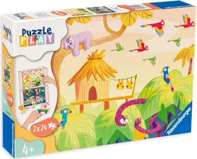 Joc de societate tip puzzle Ravensburger din 2 x 24 de piese - Explorand jungla