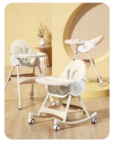 Scaun de masa pliabil pentru bebelusi Little Mom 3 in 1 Funny Cream cu roti si functie de balansoar, multifunctional, centura de siguranta 5 Puncte, ajustabil pe inaltime, cos de depozitare, husa detasabila