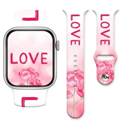 Curea Love Rose pentru Apple Watch, Imprimeu animat, Sport si ajustabila, Silicon, Alb si roz - 44/45/46/49 mm Engros