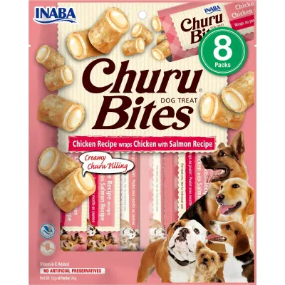 INABA Churu Bites, XS-XL, Pui și Somon, punguță recompense fără cereale câini, semimoist, 92g