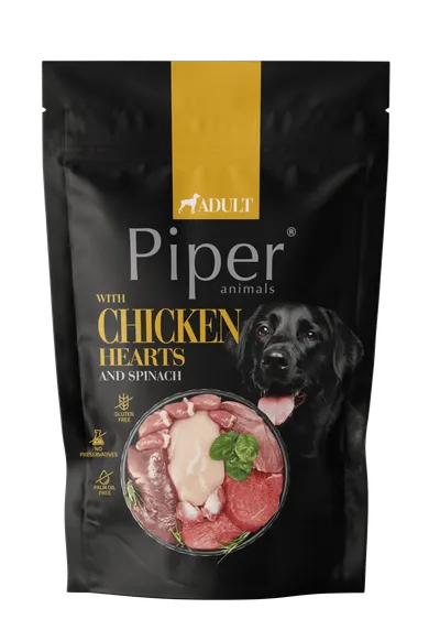 Hrana umeda pentru caini PIPER DOG, inimi de pui si spanac. 500g