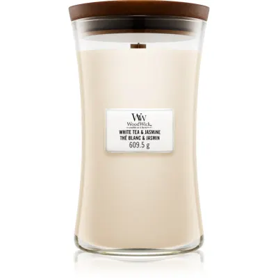 Woodwick White Tea & Jasmine lumânare parfumată cu fitil din lemn 609.5 g