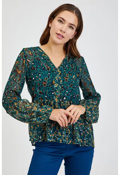 Bluza cu model si decolteu in V - Negru/Maro