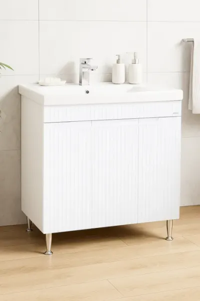 Set Baza front MDF si Lavoar seria 733, montat, 80 cm, alb rustic