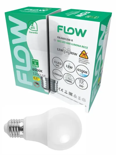 Bec LED A60 12W, E27, 6500K – Lumină rece FLOW FBLA6012W-R