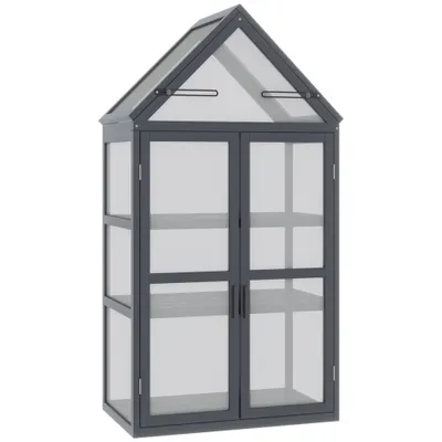 Seră mini Outsunny cu 3 nivele, sere pentru plante cu acoperiș rabatabil, uși duble din lemn, policarbonat rezistent la intemperii, natural, 70,5 x 42 x 132 cm | Aosom Romania